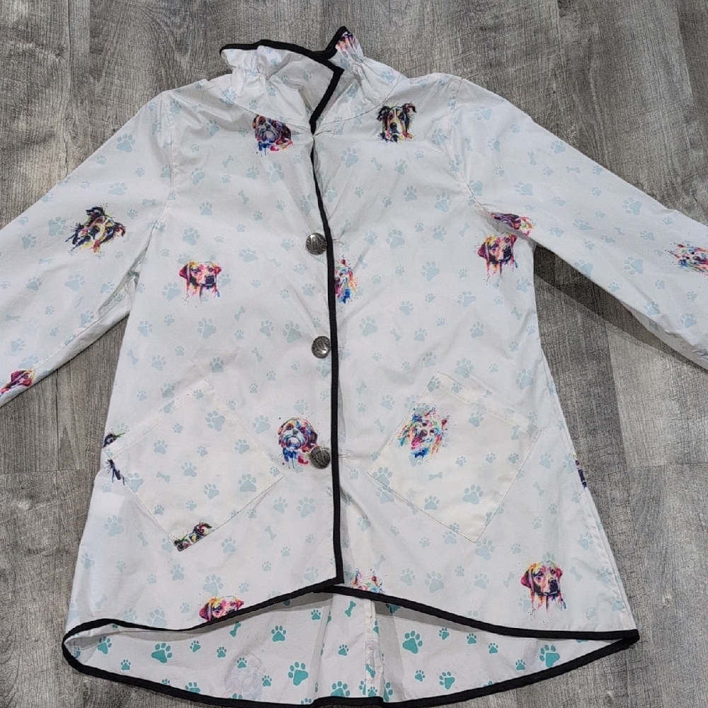 Women's I-Reversible White Dog Print Reversible Rain Jacket With Pockets